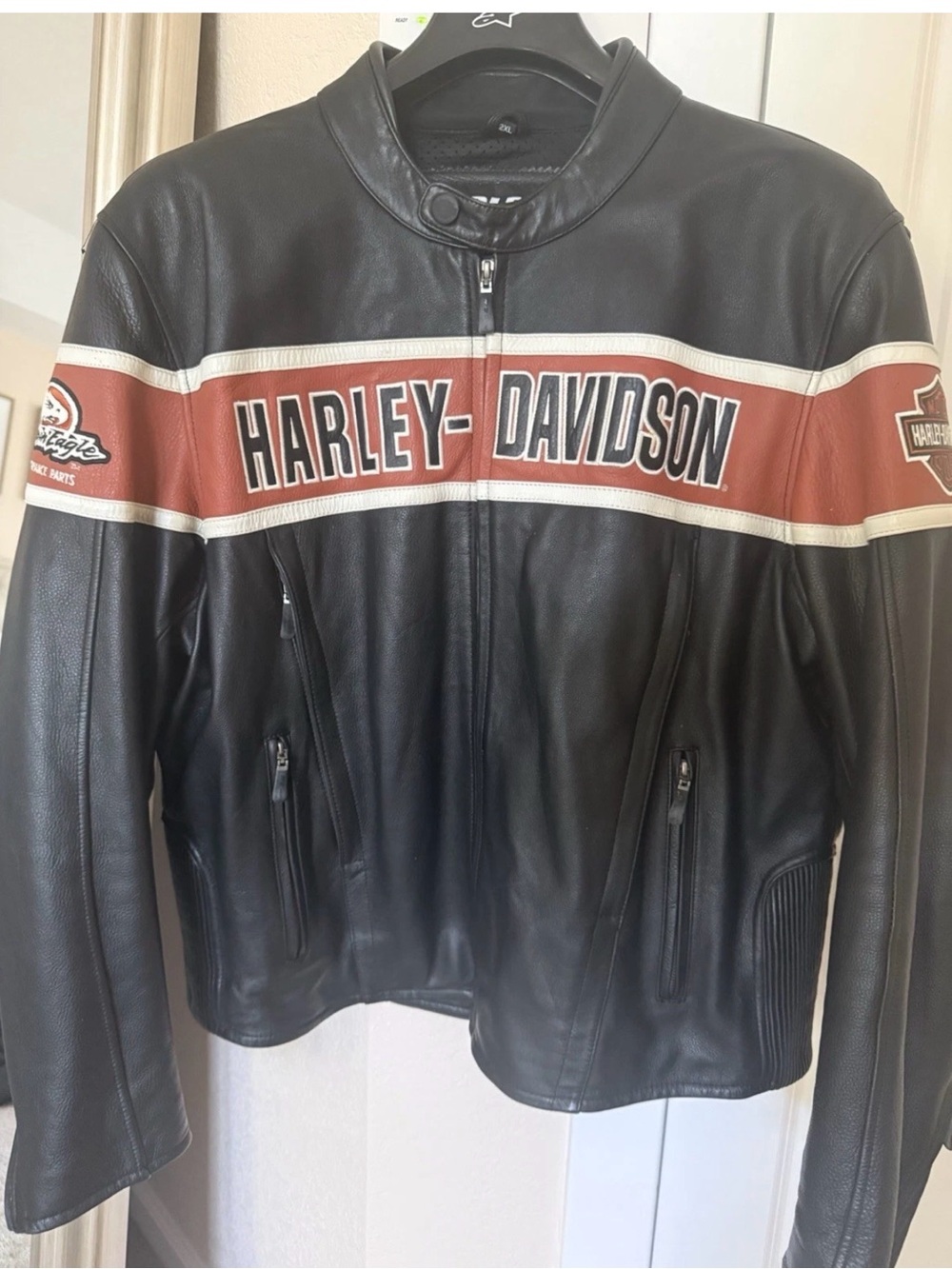 Harley-Davidson Black Leather Jacket with Brown and White Racing Stripe